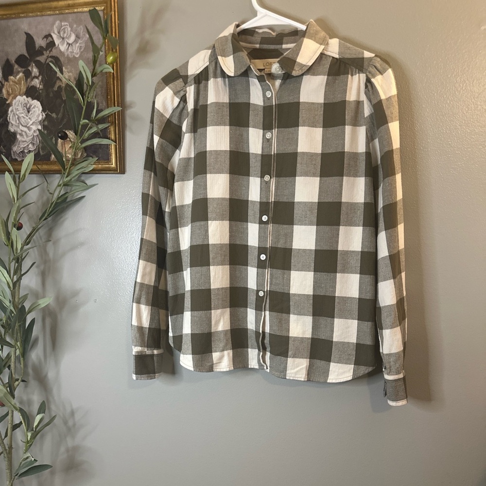 LOFT Buffalo Check Button Down Shirt XS Neutral Preppy Coastal Cotton - Picture 5 of 10